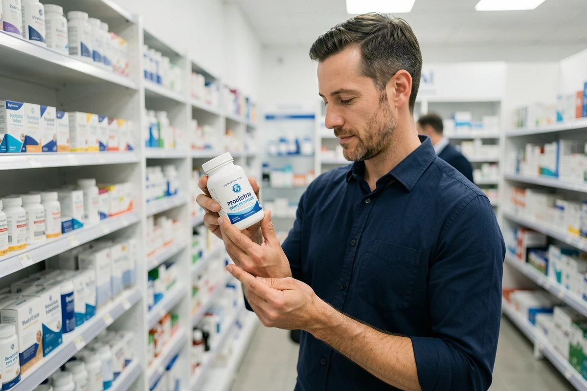 Homme lisant l'étiquette d'un complément probiotique en pharmacie, dans le cadre d'une démarche pour améliorer la santé digestive et réduire les selles mousseuses récurrentes