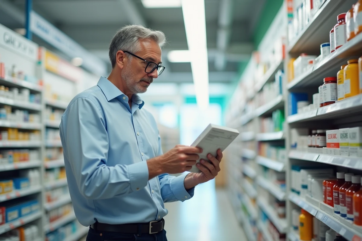 Homme en pharmacie compare des boîtes de compléments alimentaires