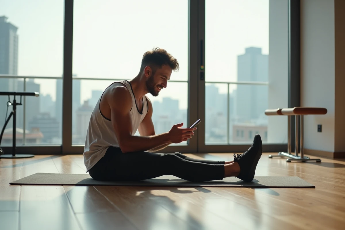 Homme en vêtements de sport faisant un étirement Pilates chez lui
