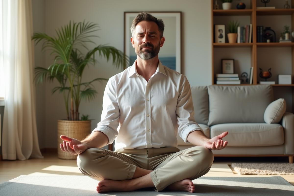 Homme en relaxation pratiquant la sophrologie à la maison