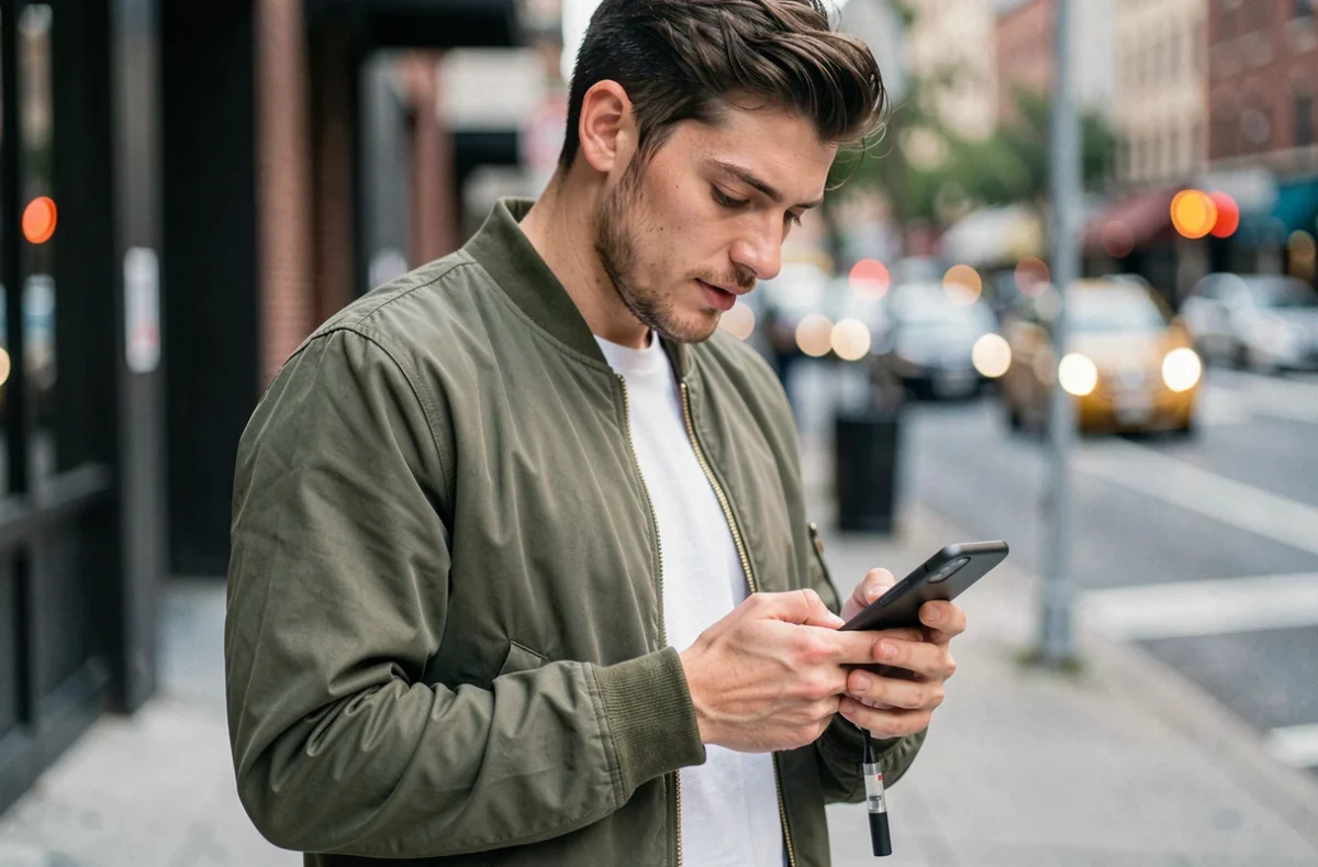 Homme consultant son téléphone avant d'acheter une puff 9000 bouffées dans une rue urbaine