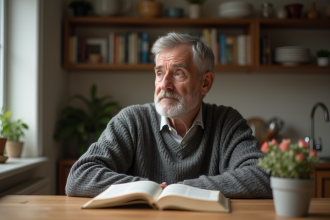 Homme d'âge moyen pensif lisant un livre dans la cuisine