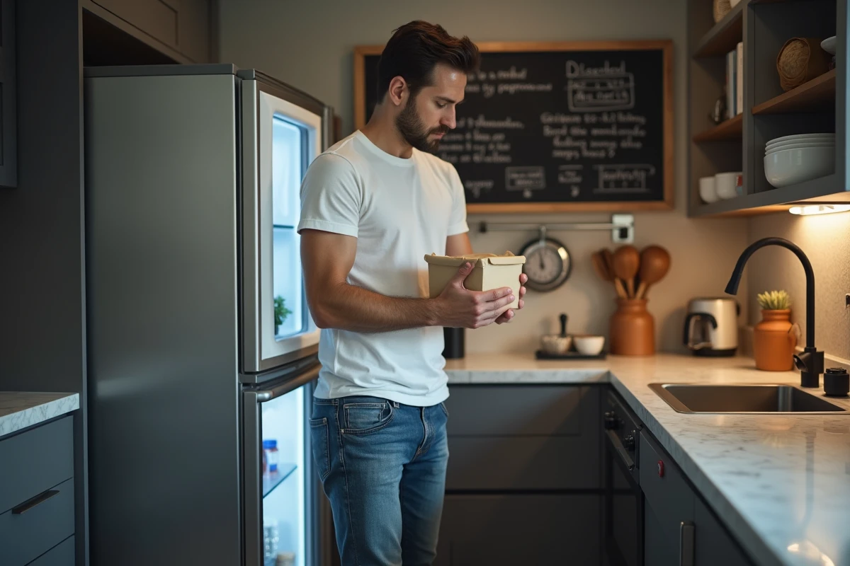 Homme regardant un plat &agrave; emporter dans une cuisine contemporaine