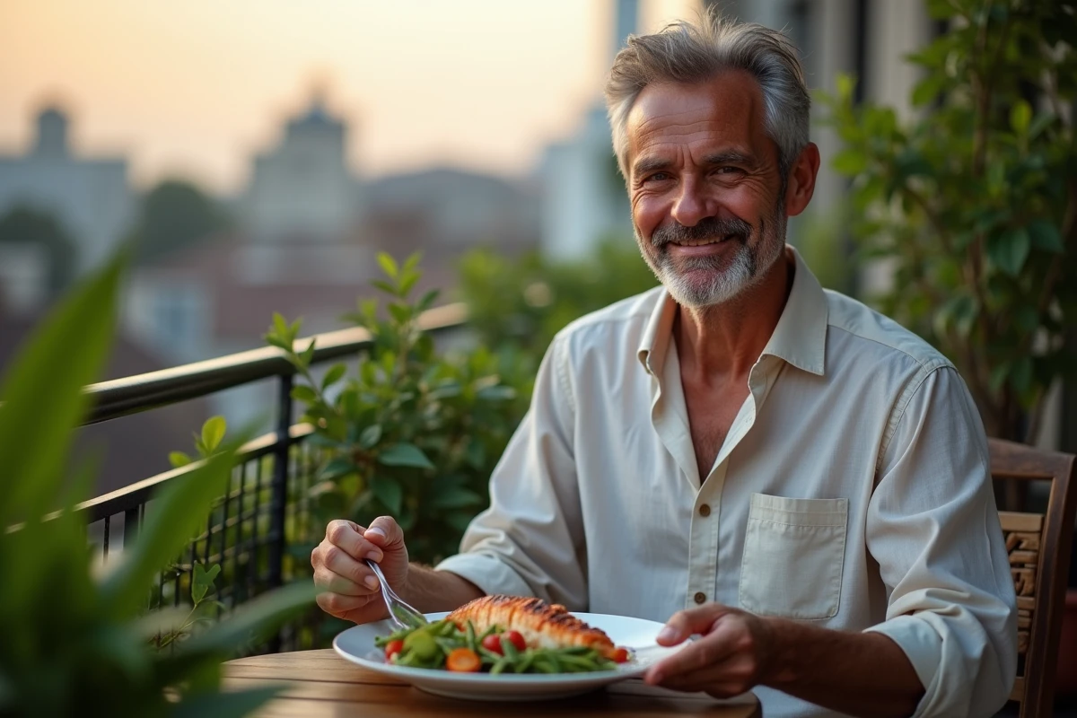 Homme souriant dégustant un repas en extérieur sur un balcon
