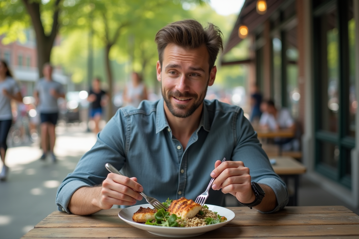 Homme dégustant un repas équilibré dans un café en plein air
