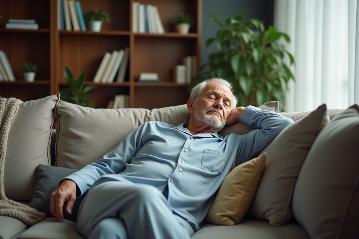 Homme âgé dormant sur le canapé dans le salon
