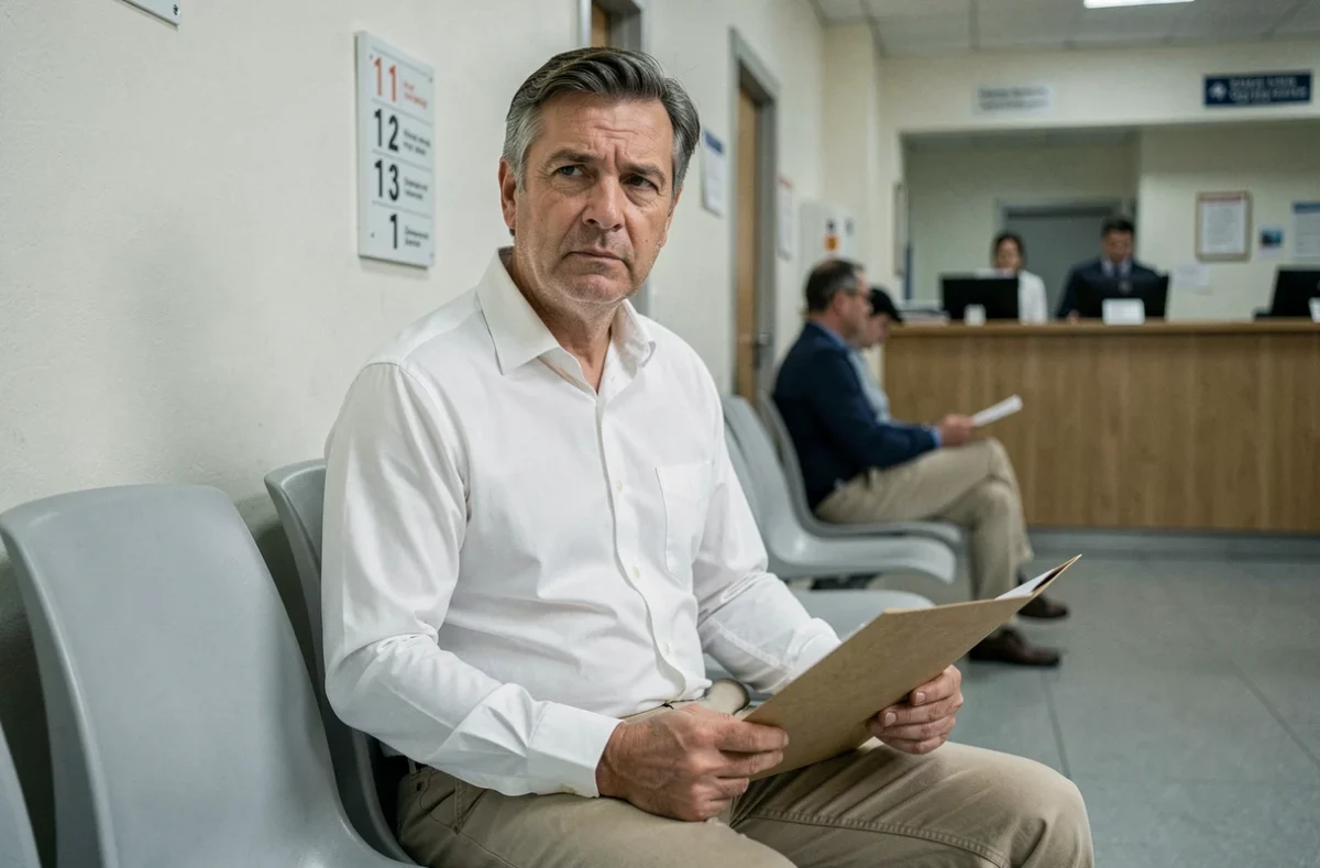 Homme en salle d'attente d'un organisme administratif tenant un dossier MDPH pour une demande de taux d'incapacité liée à une discopathie