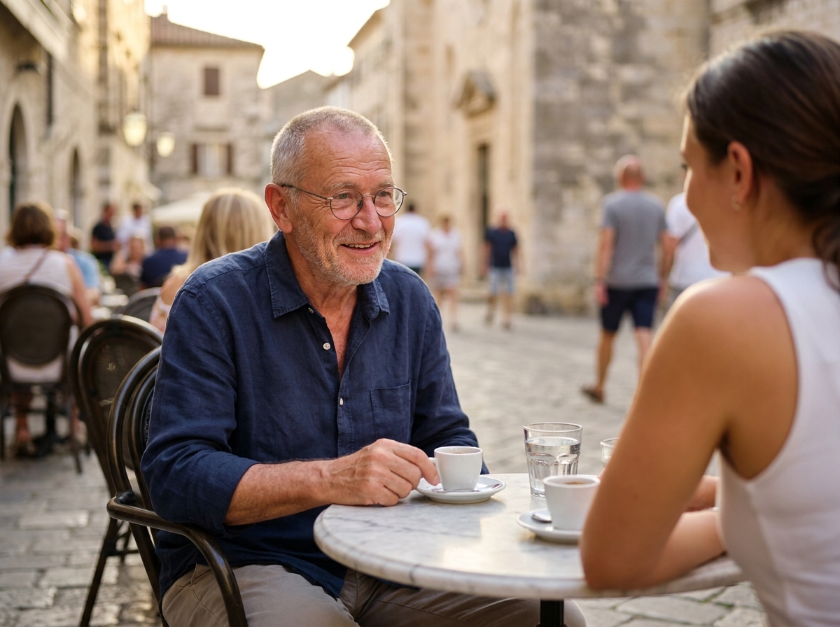 Homme senior en conversation dans un café en terrasse, difficultés auditives liées à l'âge