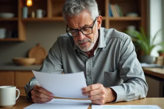 Homme senior examinant ses documents médicaux après pose de stent, assis sereinement dans sa cuisine