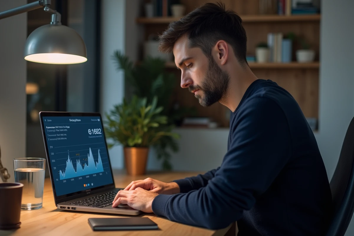 Homme consultant un simulateur de temps de sommeil sur un ordinateur portable pour optimiser son hygiène de vie en 2026