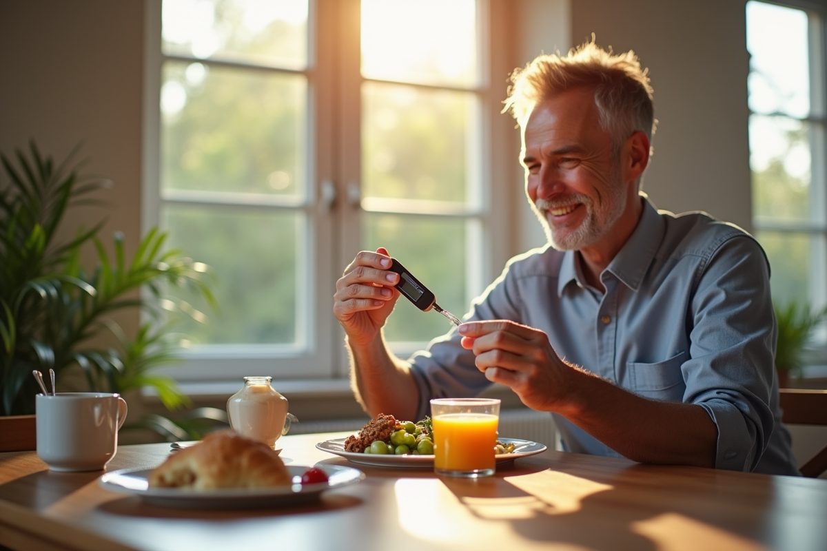 Homme souriant testant son taux de sucre au petit déjeuner