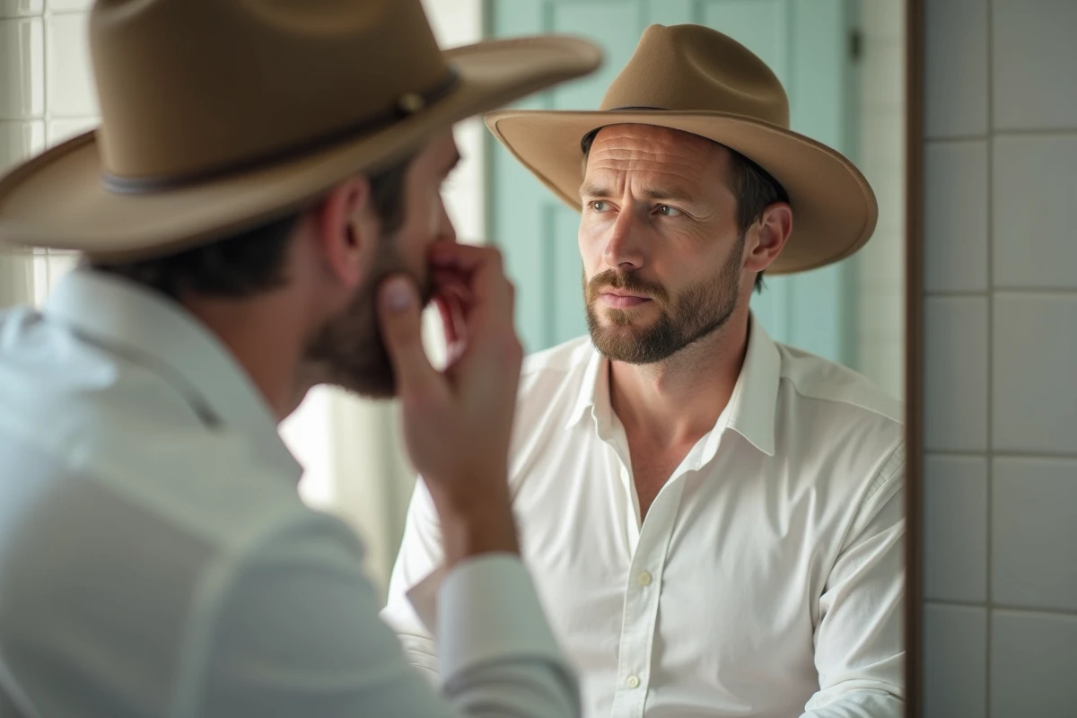Homme vérifiant son nez dans un miroir de salle de bain