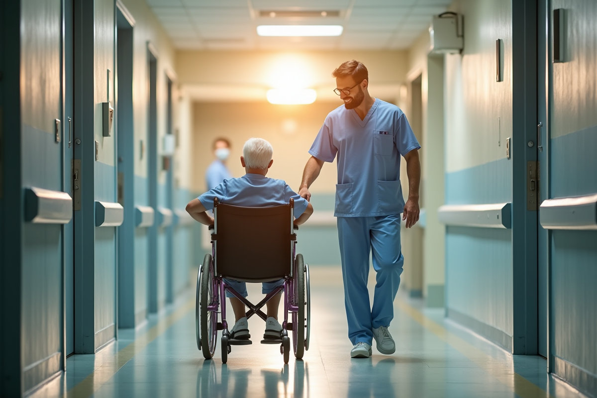 Infirmier aidant un patient âgé en fauteuil dans un couloir lumineux