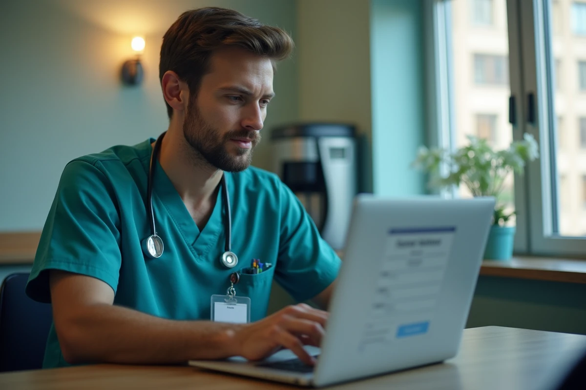 Infirmier hospitalier connect&eacute; &agrave; l'extranet CHU depuis un ordinateur portable en salle de pause