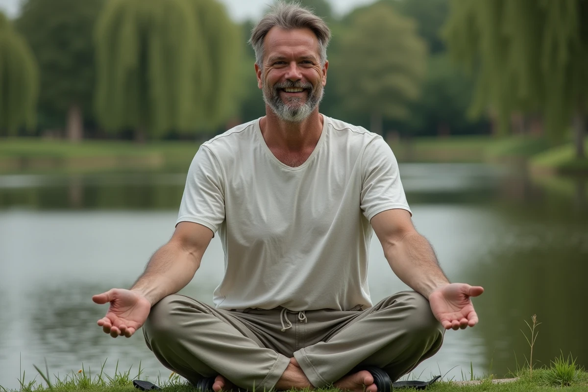 Instructeur de yoga en position de lotus dans un parc
