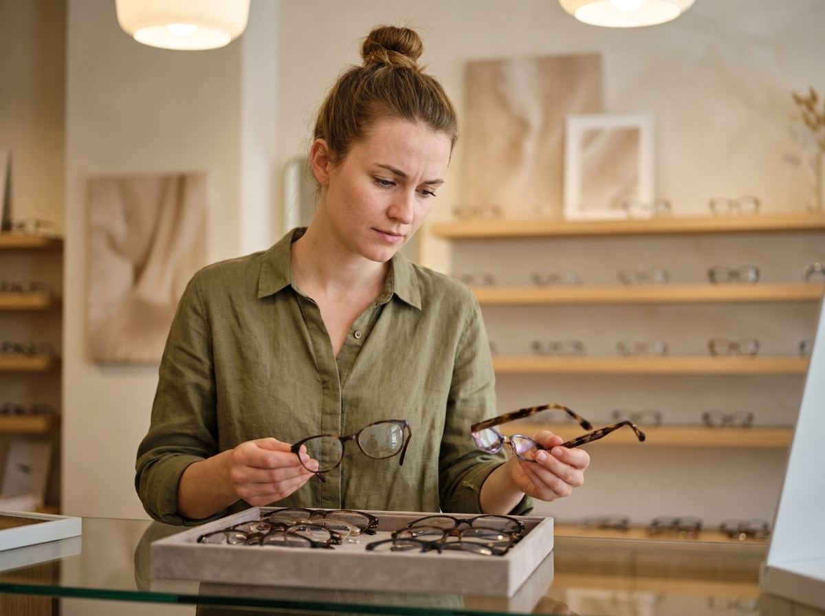 Jeune femme comparant deux montures de lunettes chez un opticien dans une boutique moderne