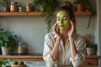 Jeune femme appliquant un masque avocat dans la cuisine chaleureuse
