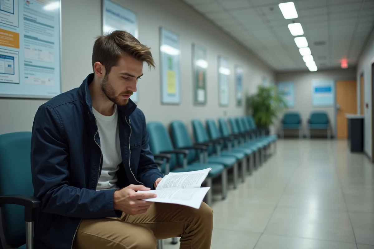Jeune homme lisant des documents dans la salle d