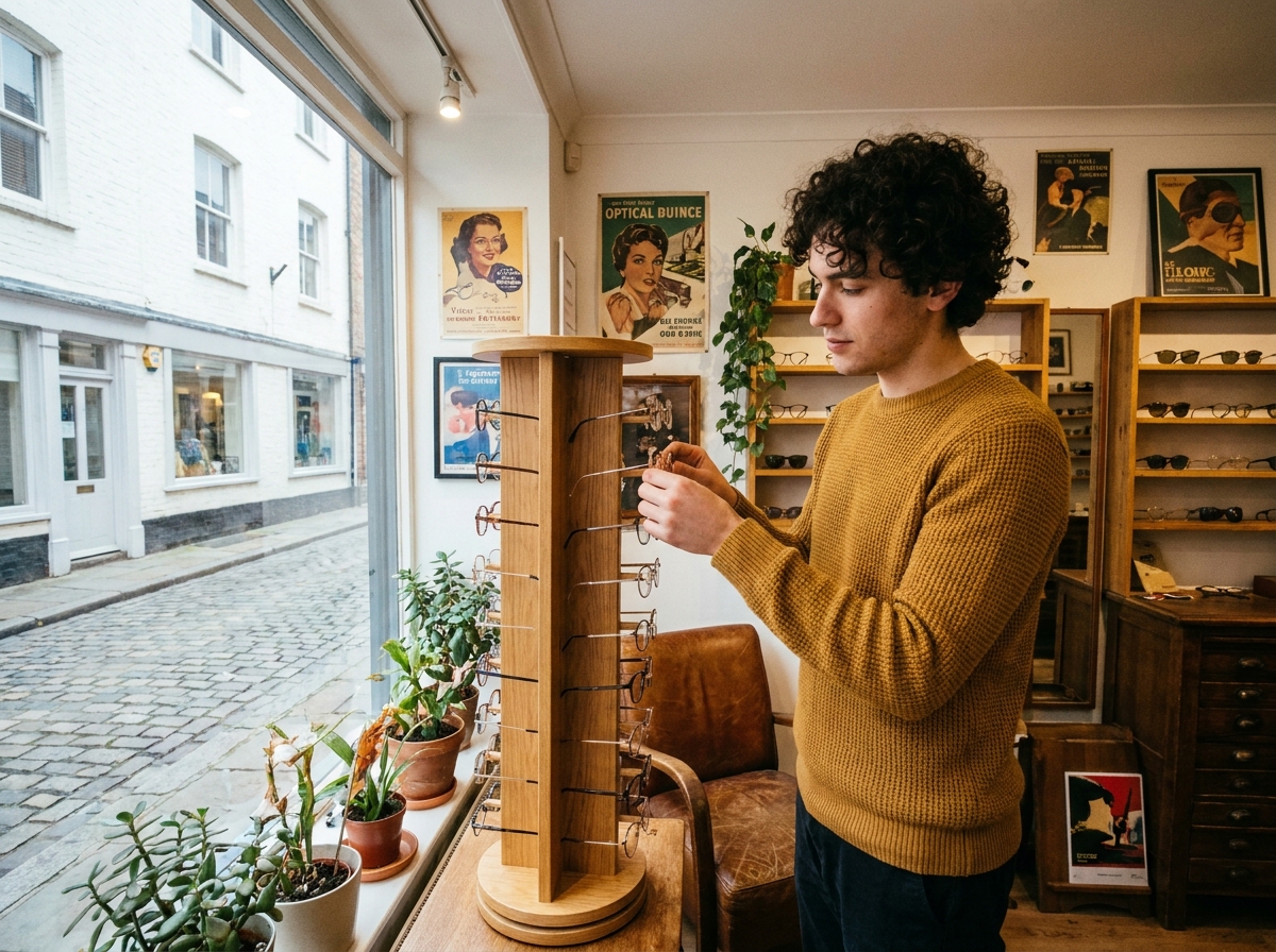 Jeune homme choisissant des montures de lunettes dans un présentoir rotatif d'une boutique d'optique de quartier