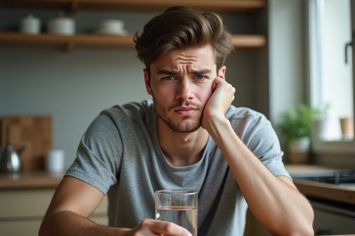 Jeune homme fatigué et pâle à la maison évoquant les symptômes d'une anémie liée à un taux TCMH bas
