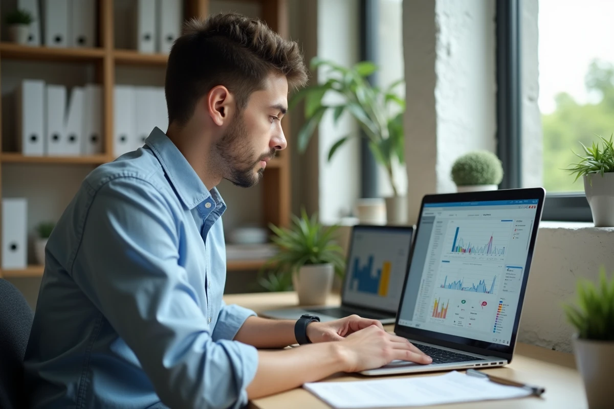 Jeune homme consulte r&eacute;sultats infolabo sur son ordinateur