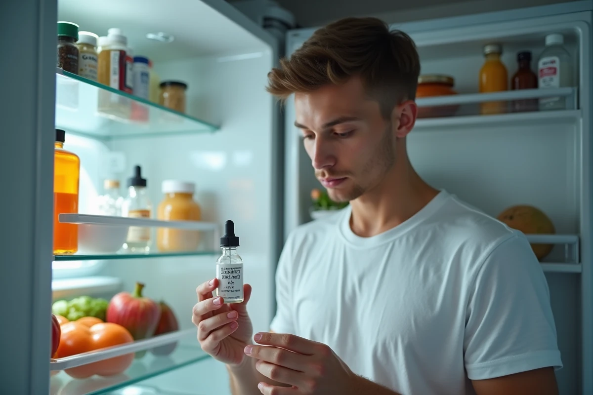 Jeune homme lisant une &eacute;tiquette dans le frigo