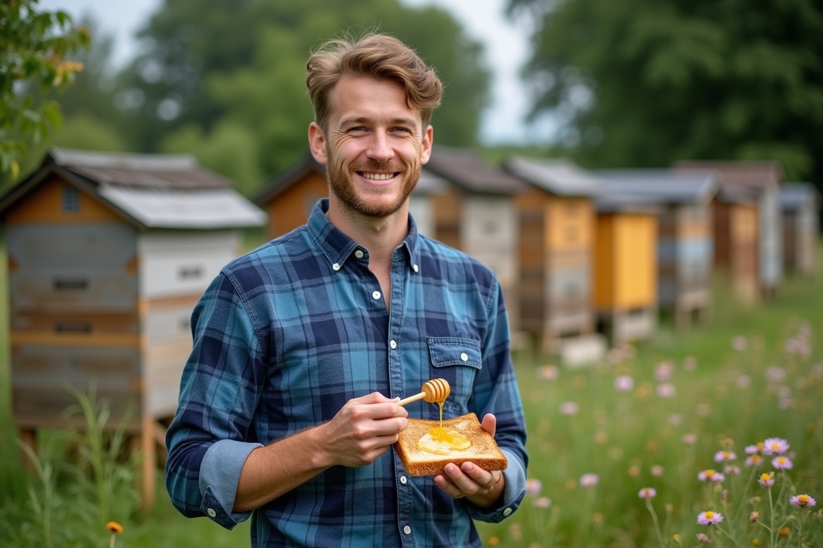 Jeune homme avec miel dans un jardin fleuri