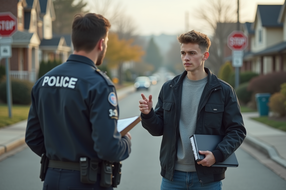 Jeune homme parlant à un secouriste dans une rue résidentielle