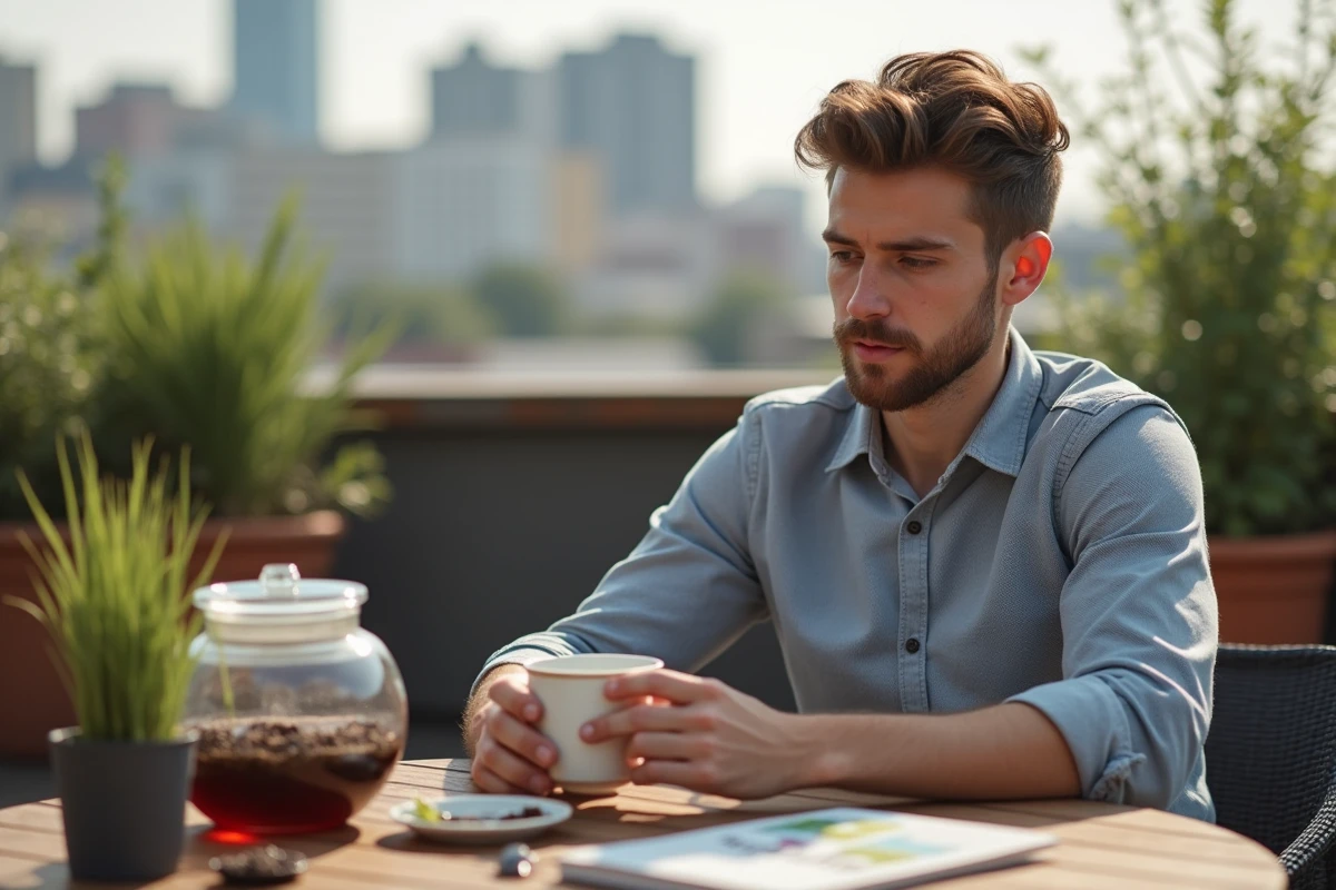 Jeune homme dégustant du rooibos en extérieur avec vue urbaine