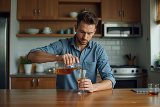 Jeune homme versant du liquor dans un verre en cuisine moderne