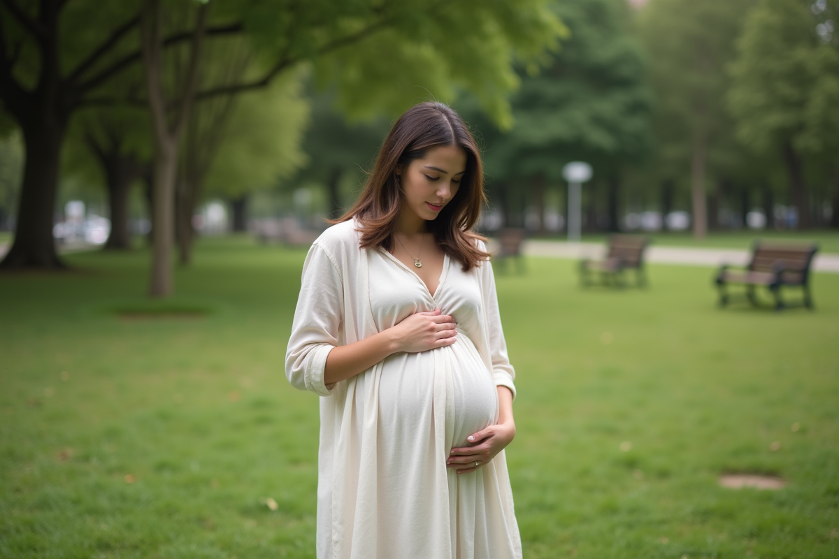 Jeune maman enceinte dans un parc avec bola de grossesse