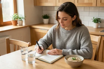 Femme tenant un journal alimentaire à une table de cuisine avec un bol de porridge et un verre d'eau, illustrant le suivi des repas pour identifier les causes des selles mousseuses