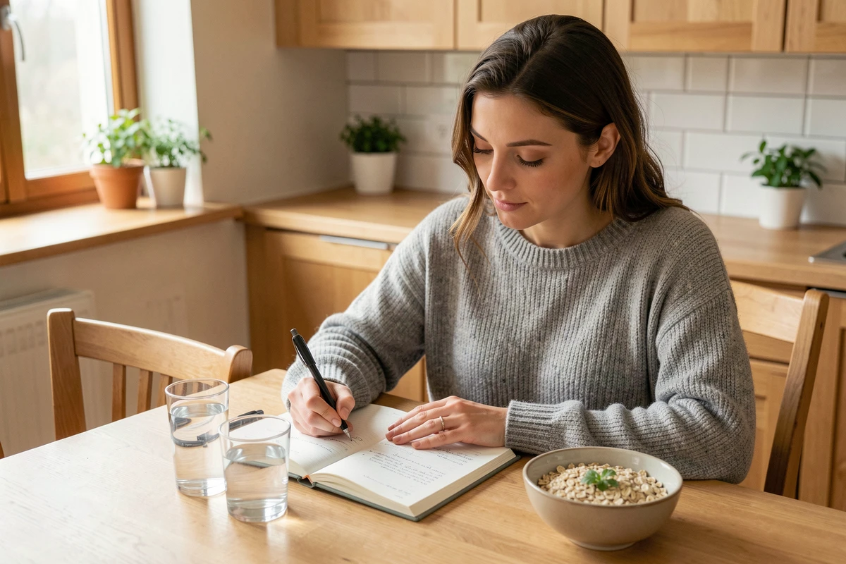 Femme tenant un journal alimentaire à une table de cuisine avec un bol de porridge et un verre d'eau, illustrant le suivi des repas pour identifier les causes des selles mousseuses