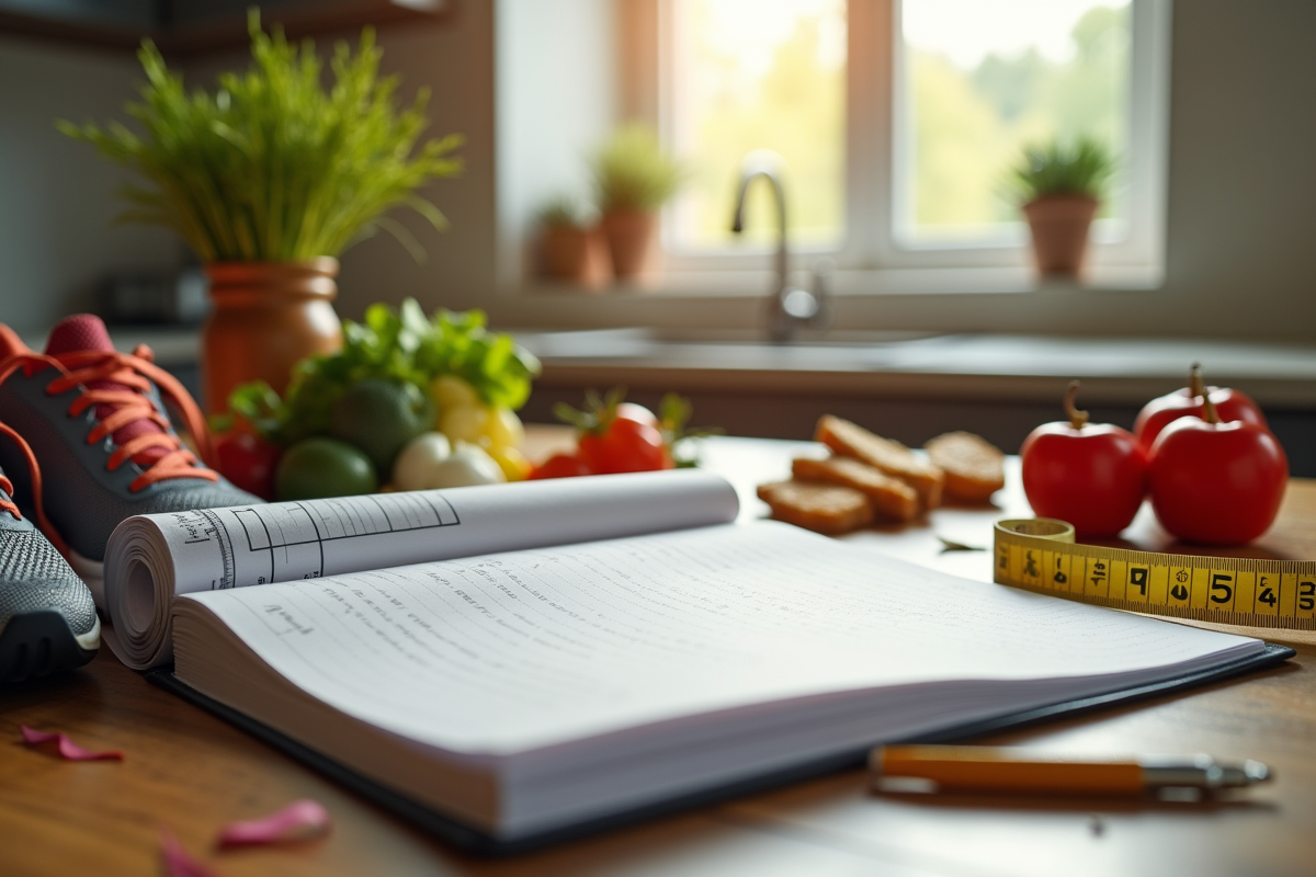 Journal de fitness ouvert avec repas sains et ruban de mesure sur la table