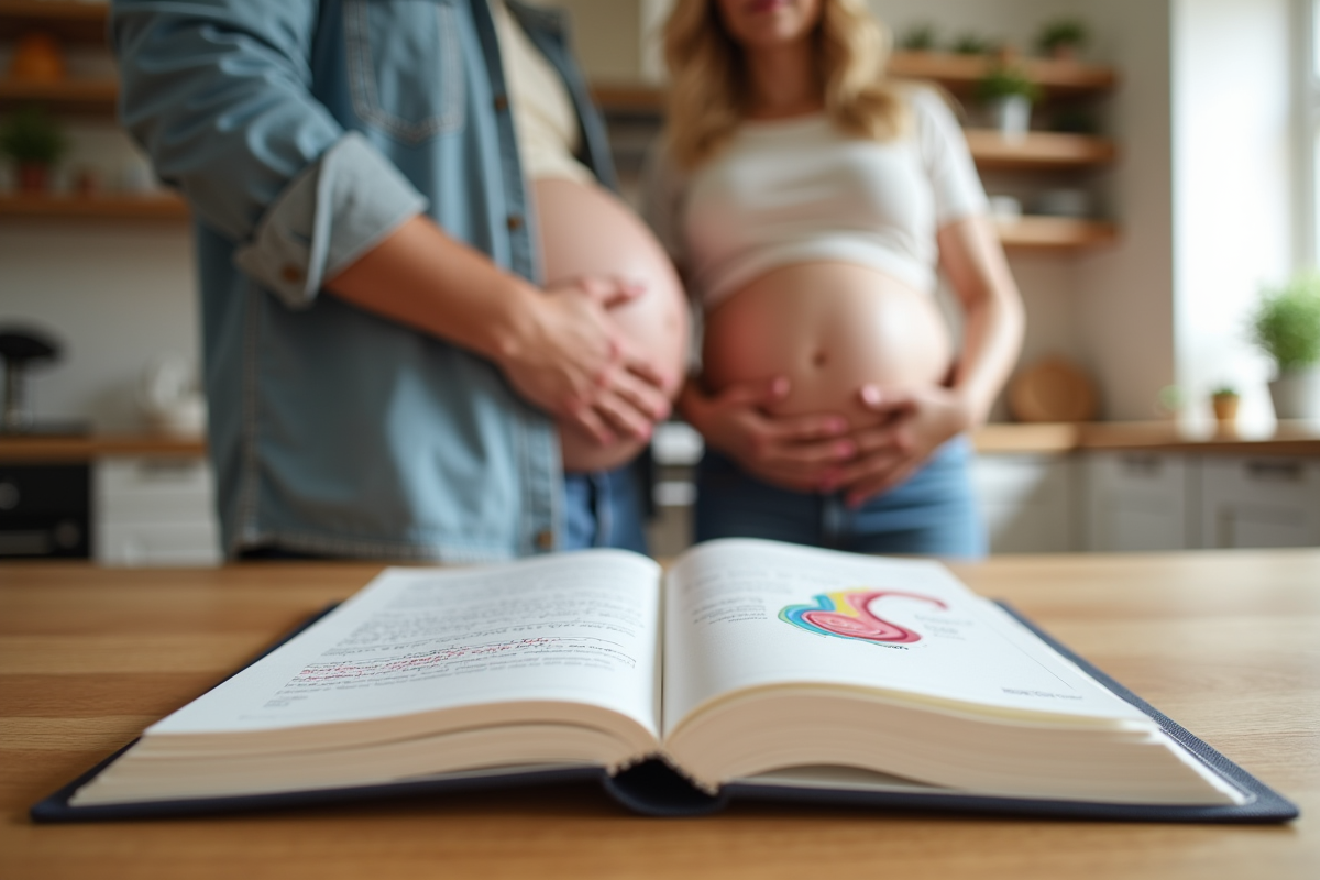Journal de grossesse ouvert avec couple en cuisine