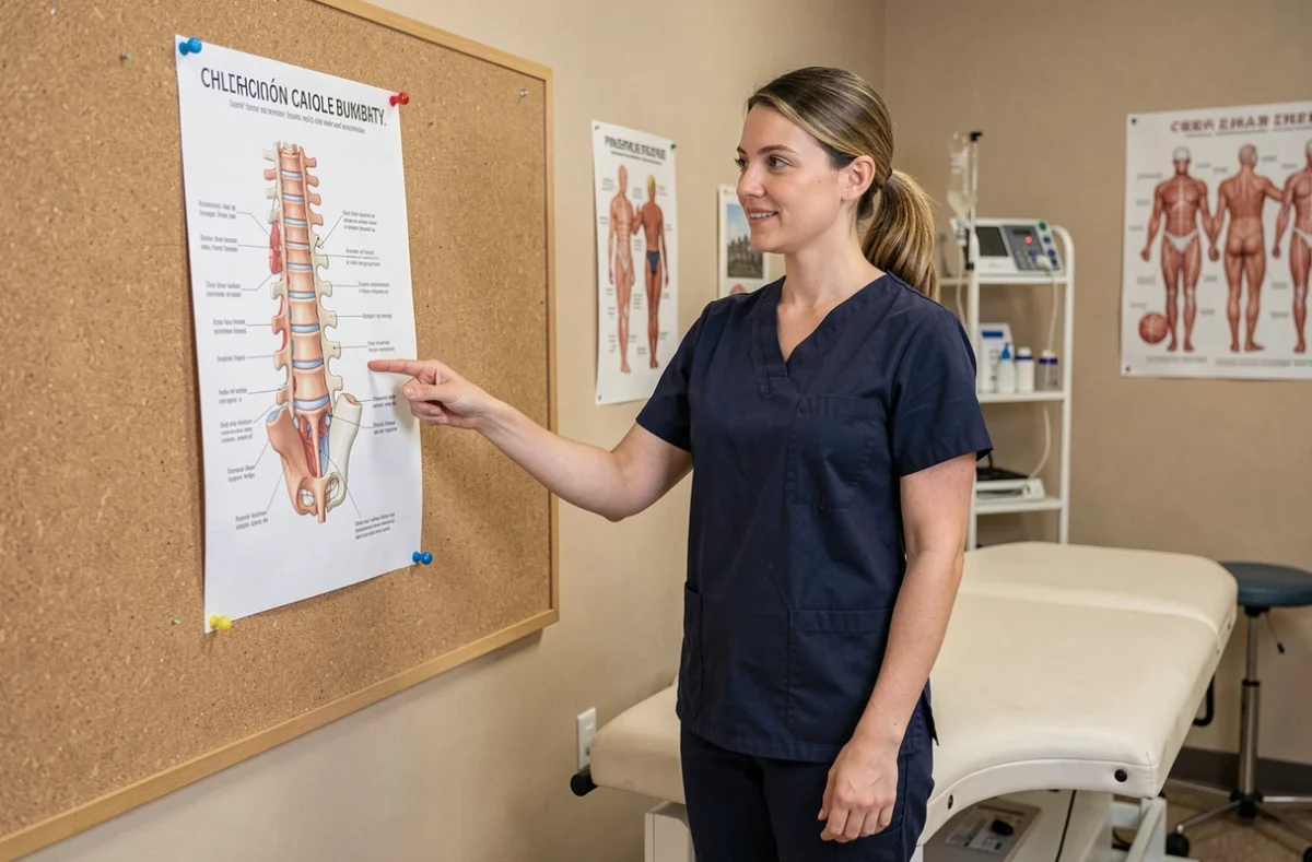 Kinésithérapeute expliquant une discopathie dégénérative lombaire à l'aide d'un schéma anatomique dans un cabinet de rééducation