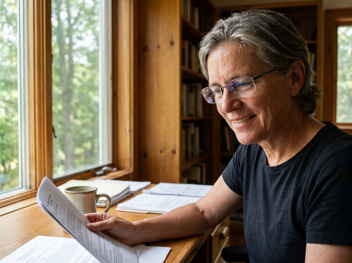 Personne de 50 ans portant des lunettes progressives bien réglées lisant des documents dans un bureau à domicile