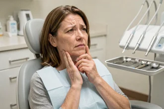 Femme en cabinet dentaire tenant sa mâchoire avec une expression de gêne, illustrant un blocage de la mâchoire examiné par un dentiste