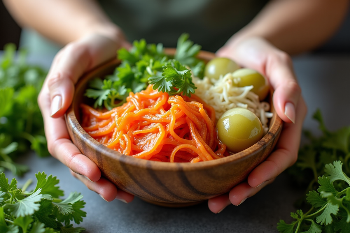 Mains tenant un bol de aliments fermentes comme kimchi et choucroute