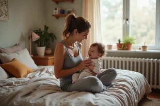 Maman avec bébé et enfant dans une chambre chaleureuse