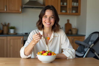 Jeune maman mangeant une salade de fruits dans la cuisine