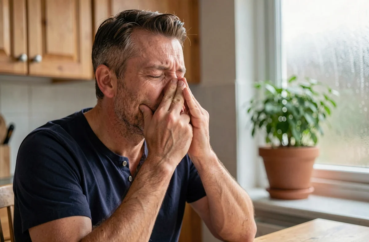 Homme pratiquant la manœuvre de Valsalva en se pinçant le nez pour déboucher les oreilles naturellement dans une cuisine