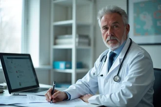 Médecin perplexe analysant des données médicales liées aux symptômes atypiques du nouveau variant Covid 2026
