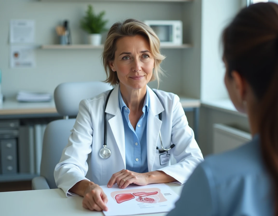 Médecin expliquant une douleur sous les côtes droites à l'aide d'un schéma anatomique lors d'une consultation