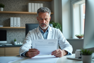 Médecin dermatologue en cabinet examinant des demandes