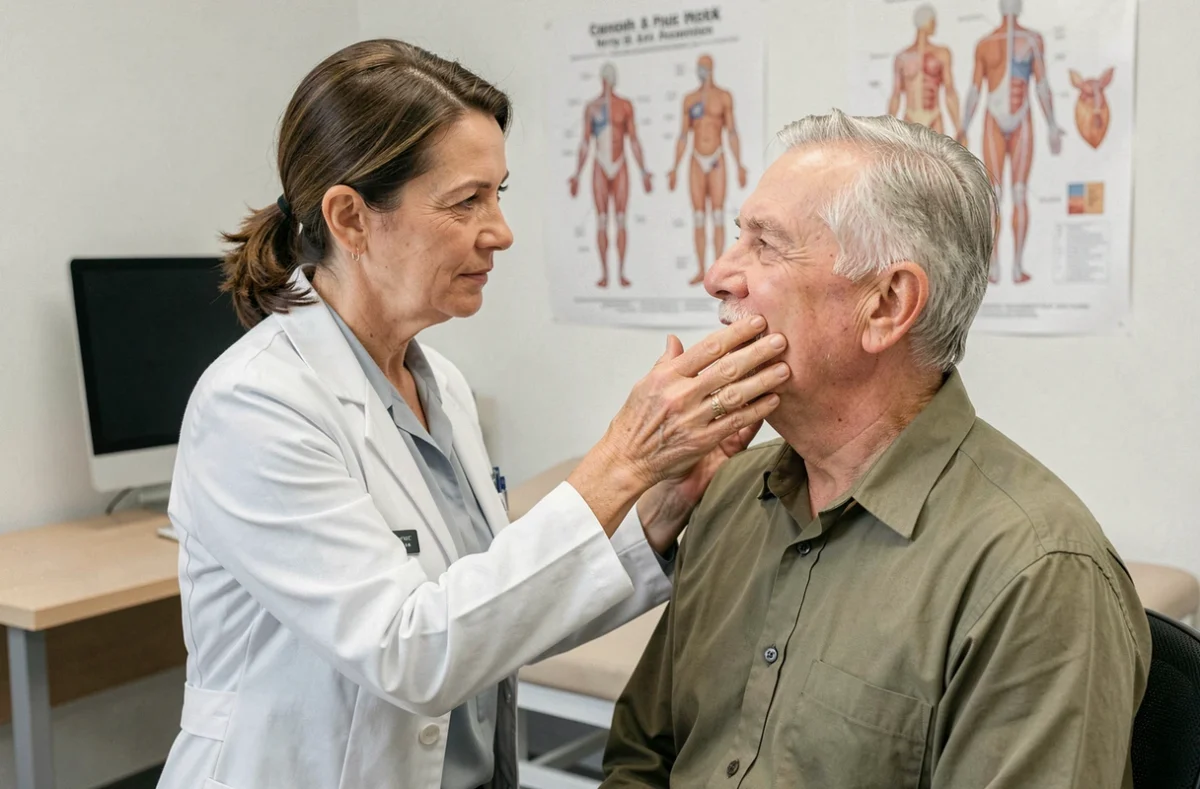 Médecin examinant le visage d'un patient lors d'une consultation neurologique pour évaluer une paresthésie post-AVC