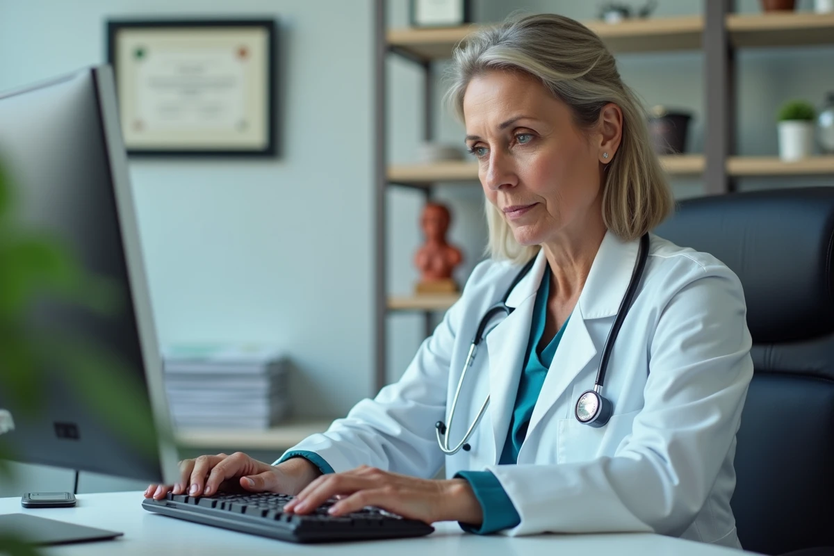 Médecin généraliste consultant son profil professionnel en ligne dans son cabinet médical