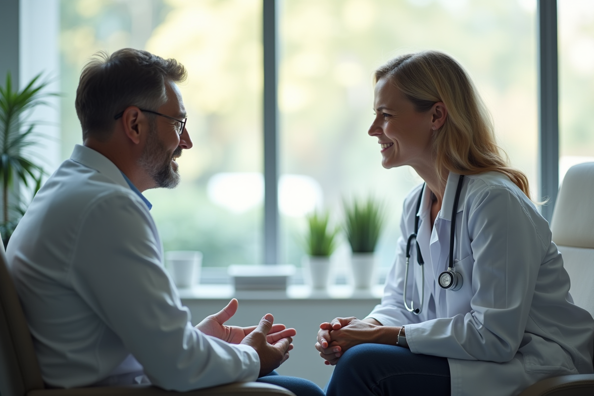 Médecin attentif écoutant un patient dans un cabinet moderne