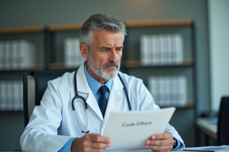 Médecin homme en bureau regardant un document éthique