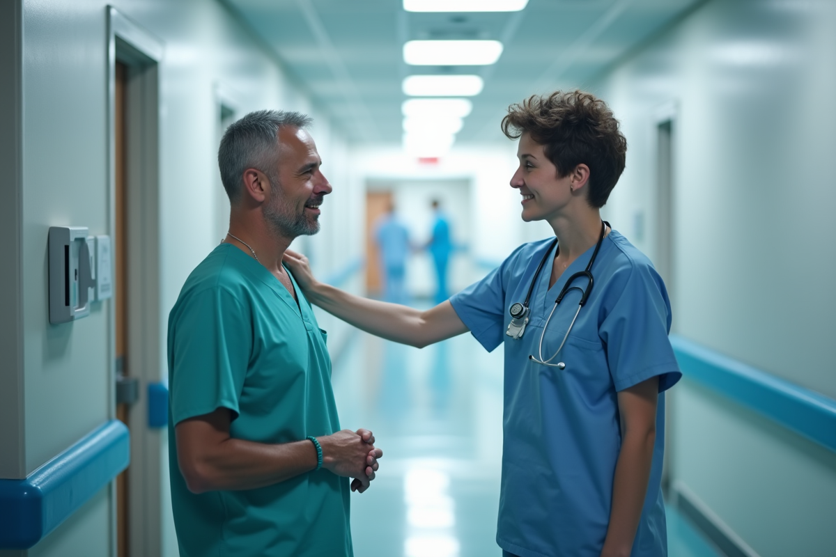 Medecin rassurant un patient dans un couloir d